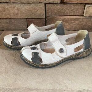 Rieker sz 38 white and dark blue/grey leather slip on shoes w/velcro closure